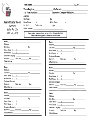 Relay For Life Team Roster Form
