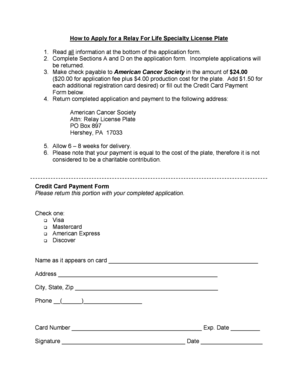 Relay For Life Specialty License Plate Application
