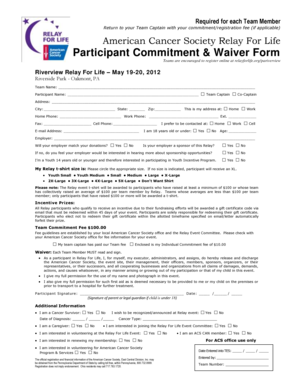 American Cancer Society Relay For Life Participant Commitment & Waiver Form