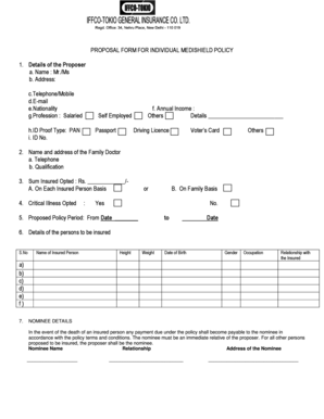 Proposal Form for Individual MediShield Policy