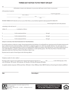 Three Day Notice to Pay Rent or Quit
