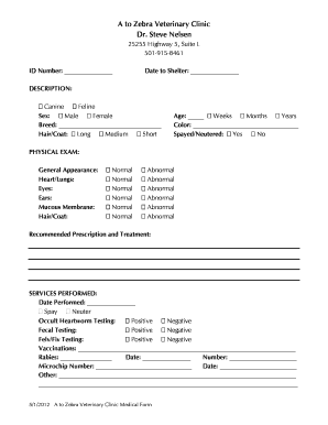 A to Zebra Veterinary Clinic Medical Form
