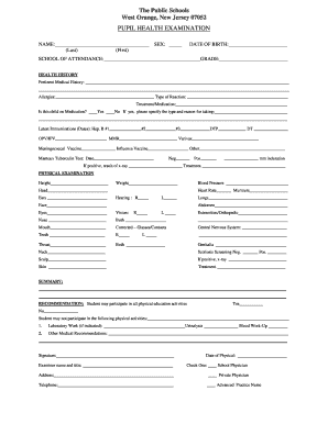 New Jersey Pupil Health Examination Form