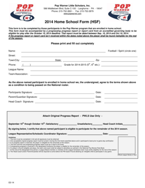 Pop Warner Home School Form