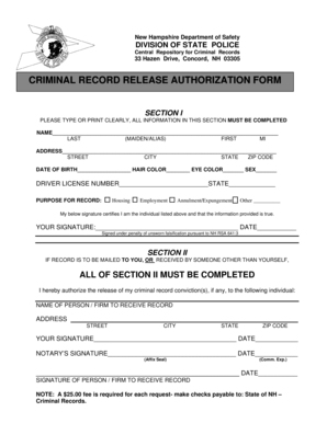 New Hampshire Criminal Record Release Authorization Form