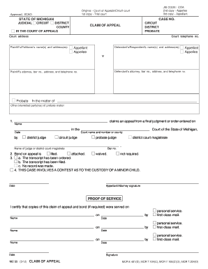 Michigan Claim of Appeal Form