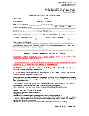 Cuba Tourist Card Application Form