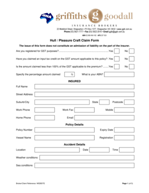 Hull Pleasure Craft Claim Form