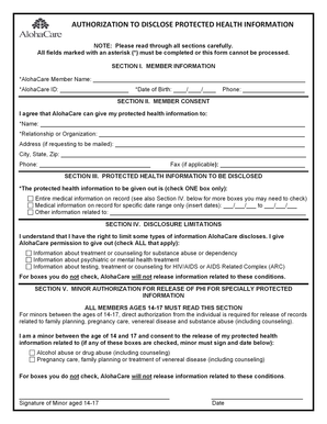 AlohaCare Authorization to Disclose Protected Health Information