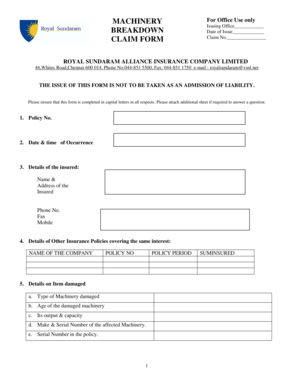 Royal Sundaram Machinery Breakdown Claim Form