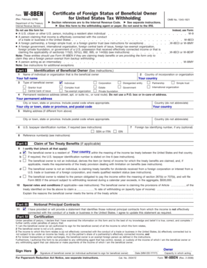 Form W-8BEN Certificate of Foreign Status