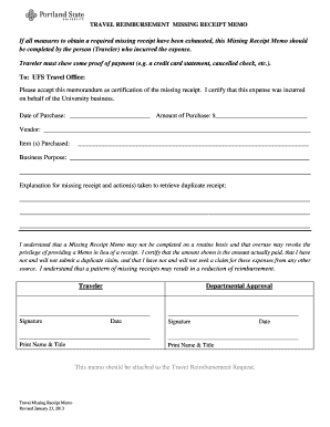 Travel Reimbursement Missing Receipt Memo