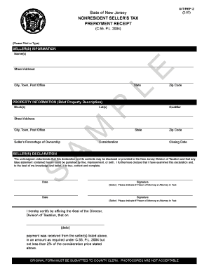 New Jersey Nonresident Seller’s Tax Prepayment Receipt