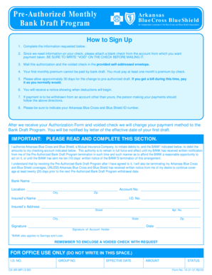 Arkansas BlueCross BlueShield Bank Draft Authorization