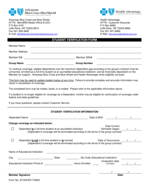 Arkansas Blue Cross Student Verification Form