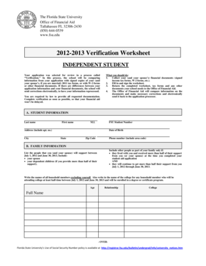 Florida State University Verification Worksheet