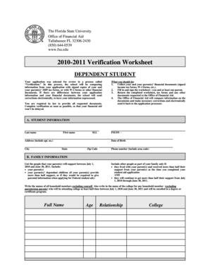 2010-2011 Verification Worksheet