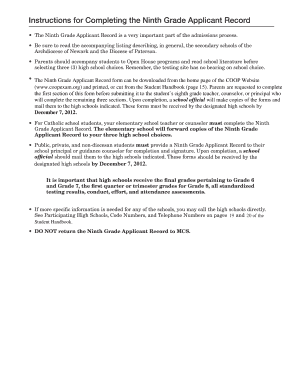 Ninth Grade Applicant Record Form