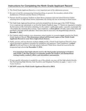 Ninth Grade Applicant Record Form