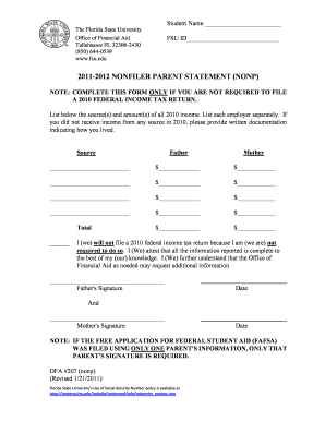 2011-2012 Nonfiler Parent Statement