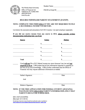 2013-2014 Nonfiler Parent Statement