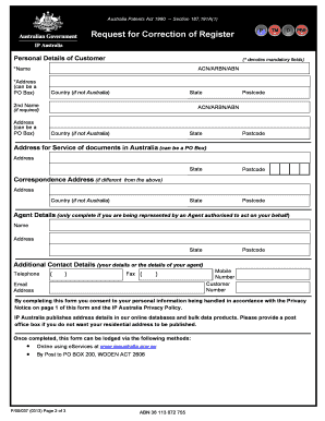 Australia Patents Act 1990 Request for Correction of Register