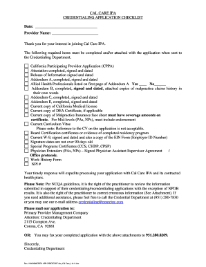 Cal Care IPA Credentialing Application Checklist