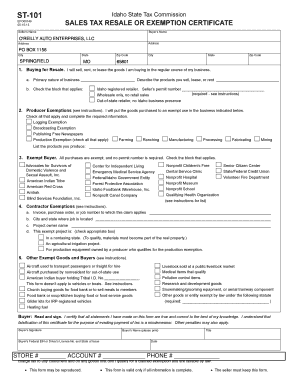 Idaho Sales Tax Resale or Exemption Certificate