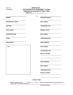 Kentucky Workers' Compensation Injury Claim Form 101