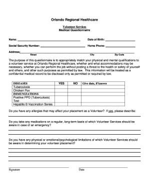 Orlando Regional Healthcare Volunteer Medical Questionnaire
