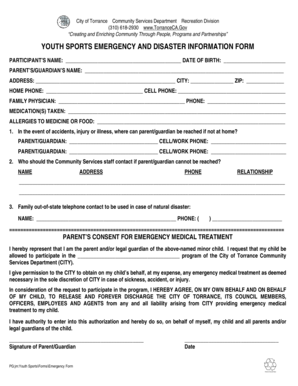 Youth Sports Emergency and Disaster Information Form