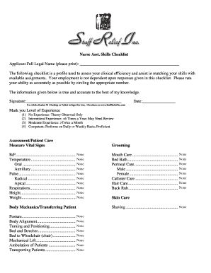 Nurse Assistant Skills Checklist