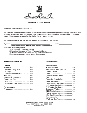Neonatal ICU Skills Checklist