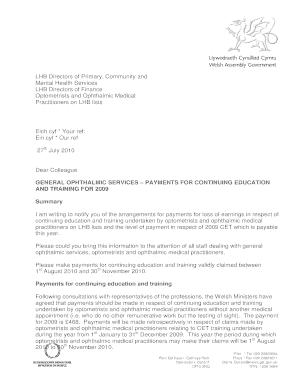 Wales General Ophthalmic Services CET Payment Claim Form 2009