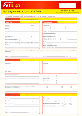 Petplan Holiday Cancellation Claim Form
