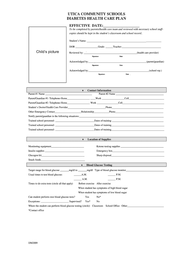 Fillable Online UTICA COMMUNITY SCHOOLS DIABETES HEALTH CARE PLAN