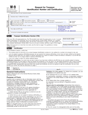 Form W-9 Request for Taxpayer Identification Number and Certification