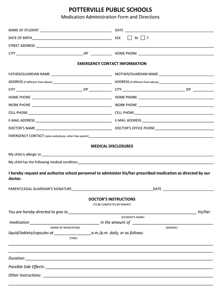 Fillable Online pps k12 mi Medication Form Potterville Public Schools
