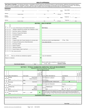Michigan School Health Appraisal Form