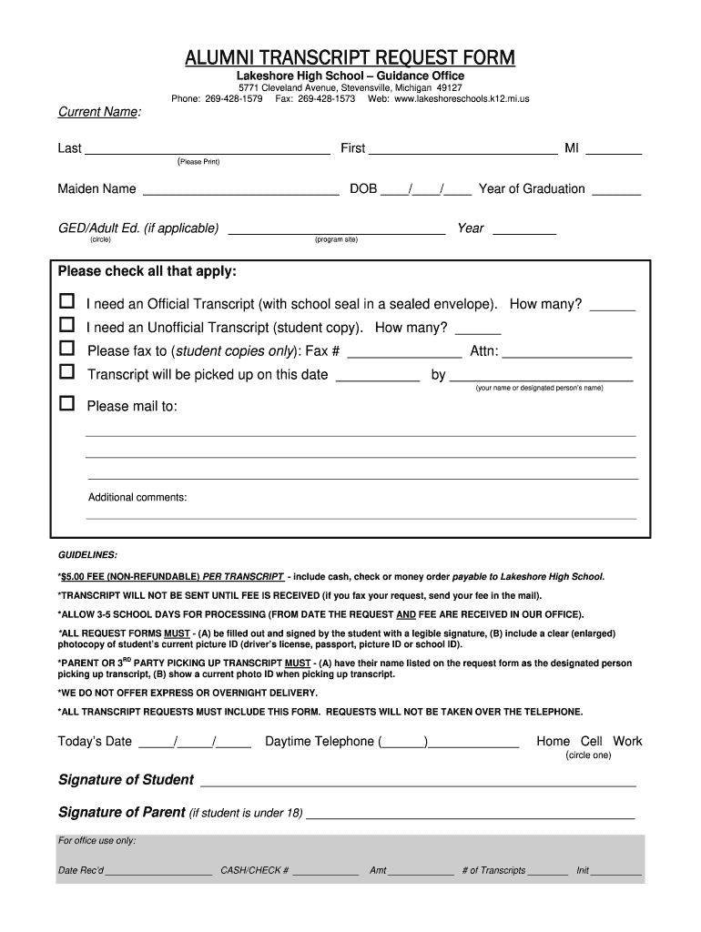 ALUMNI TRANSCRIPT REQUEST FORM - Lakeshore Public Schools - lakeshoreschools k12 mi Preview on Page 1