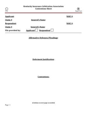 Kentucky Insurance Arbitration Contentions Sheet