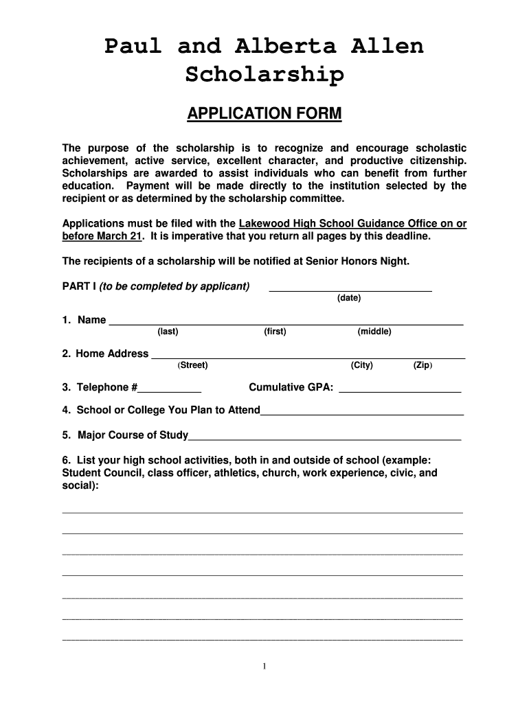 allen scholarship form Preview on Page 1