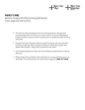Mercy Care Bariatric Surgery Monthly Summary Worksheet