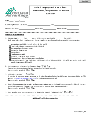 Bariatric Surgery Medical Record PCP Questionnaire