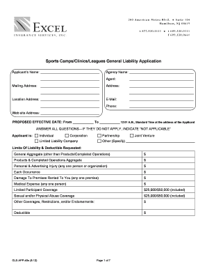 Sports Camps Clinics Leagues General Liability Application