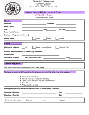 PSC CUNY Welfare Fund Direct Dental Reimbursement Form