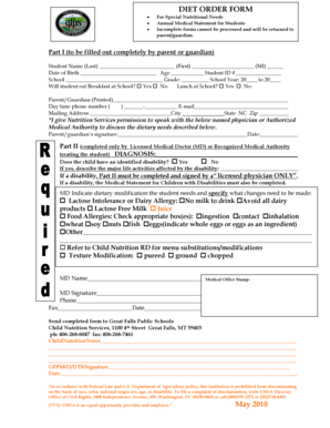 Diet Order Form for Special Nutritional Needs