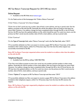 IRS Tax Return Transcript Request for 2013