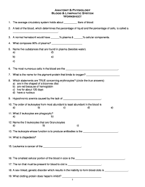 Anatomy & Physiology Blood & Lymphatic System Worksheet