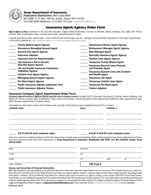 Texas Insurance Agent/Agency Order Form